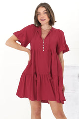 Abilia Mini Dress - Mandarin Collar Smock Dress in Red