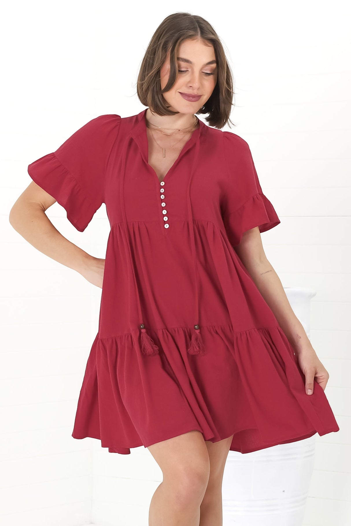 Abilia Mini Dress - Mandarin Collar Smock Dress in Red