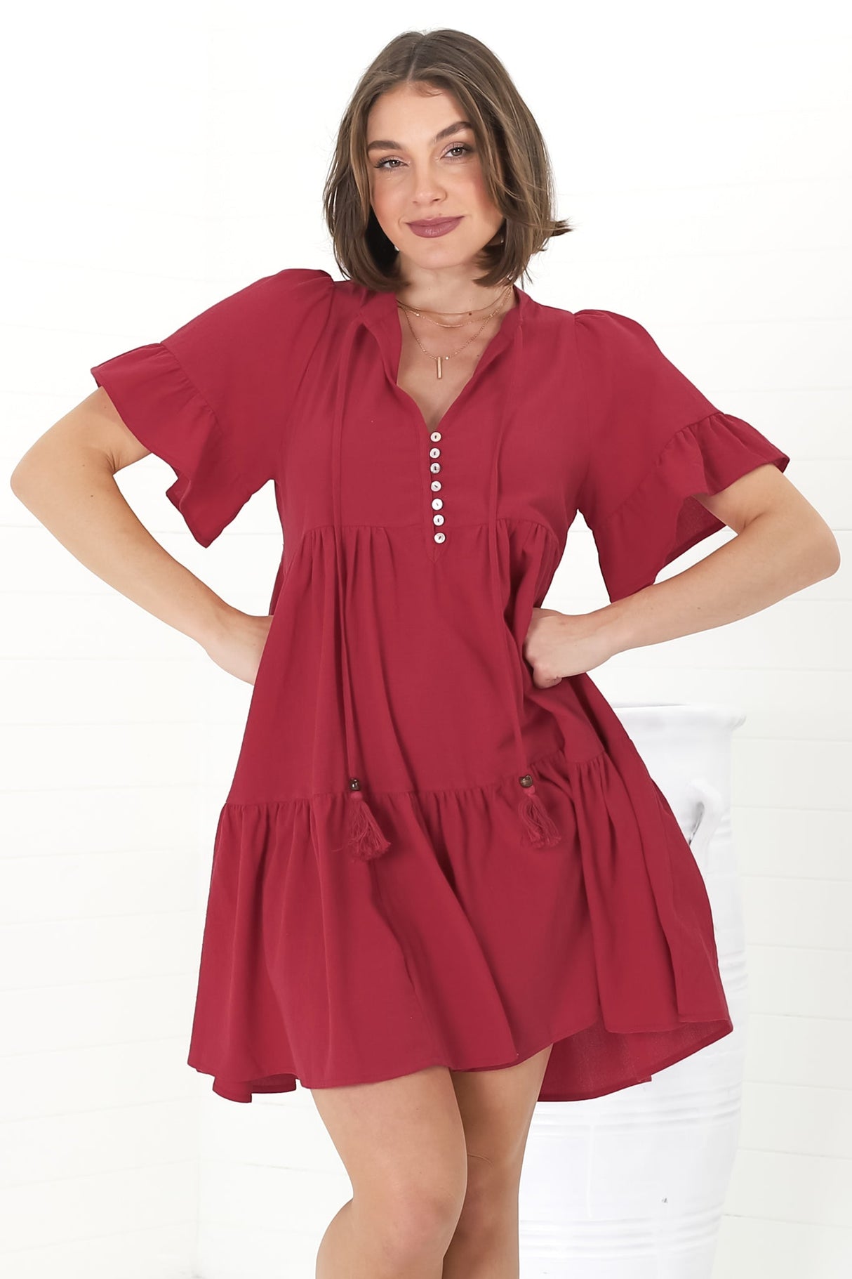 Abilia Mini Dress - Mandarin Collar Smock Dress in Red