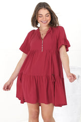 Abilia Mini Dress - Mandarin Collar Smock Dress in Red