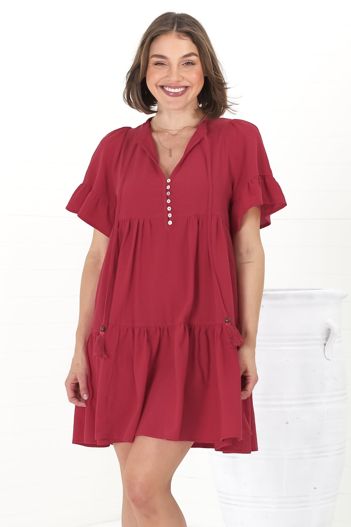 Abilia Mini Dress - Mandarin Collar Smock Dress in Red