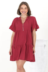 Abilia Mini Dress - Mandarin Collar Smock Dress in Red