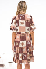 Abilia Mini Dress - Mandarin Collar Smock Dress in Serena Print Tan