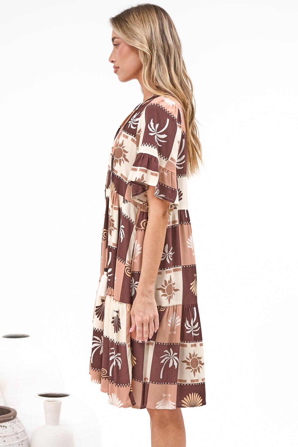 Abilia Mini Dress - Mandarin Collar Smock Dress in Serena Print Tan