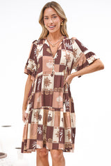 Abilia Mini Dress - Mandarin Collar Smock Dress in Serena Print Tan