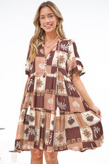Abilia Mini Dress - Mandarin Collar Smock Dress in Serena Print Tan