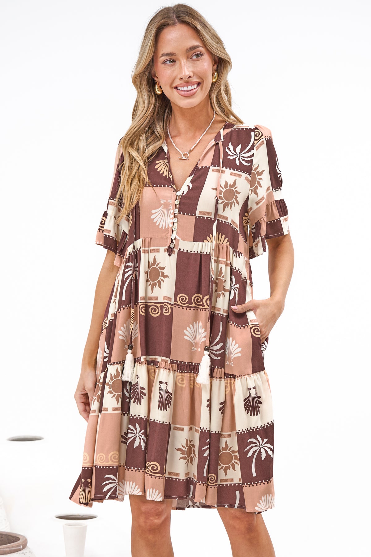 Abilia Mini Dress - Mandarin Collar Smock Dress in Serena Print Tan