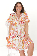 Abilia Mini Dress - Mandarin Collar Smock Dress in Sonni Print Melon