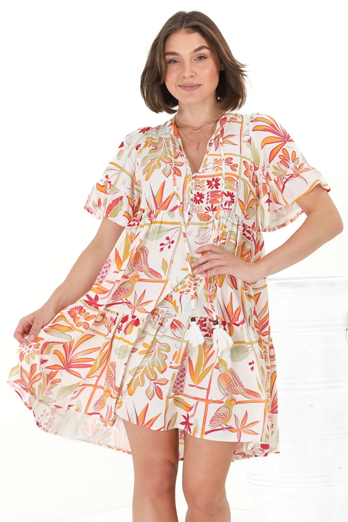 Abilia Mini Dress - Mandarin Collar Smock Dress in Sonni Print Melon