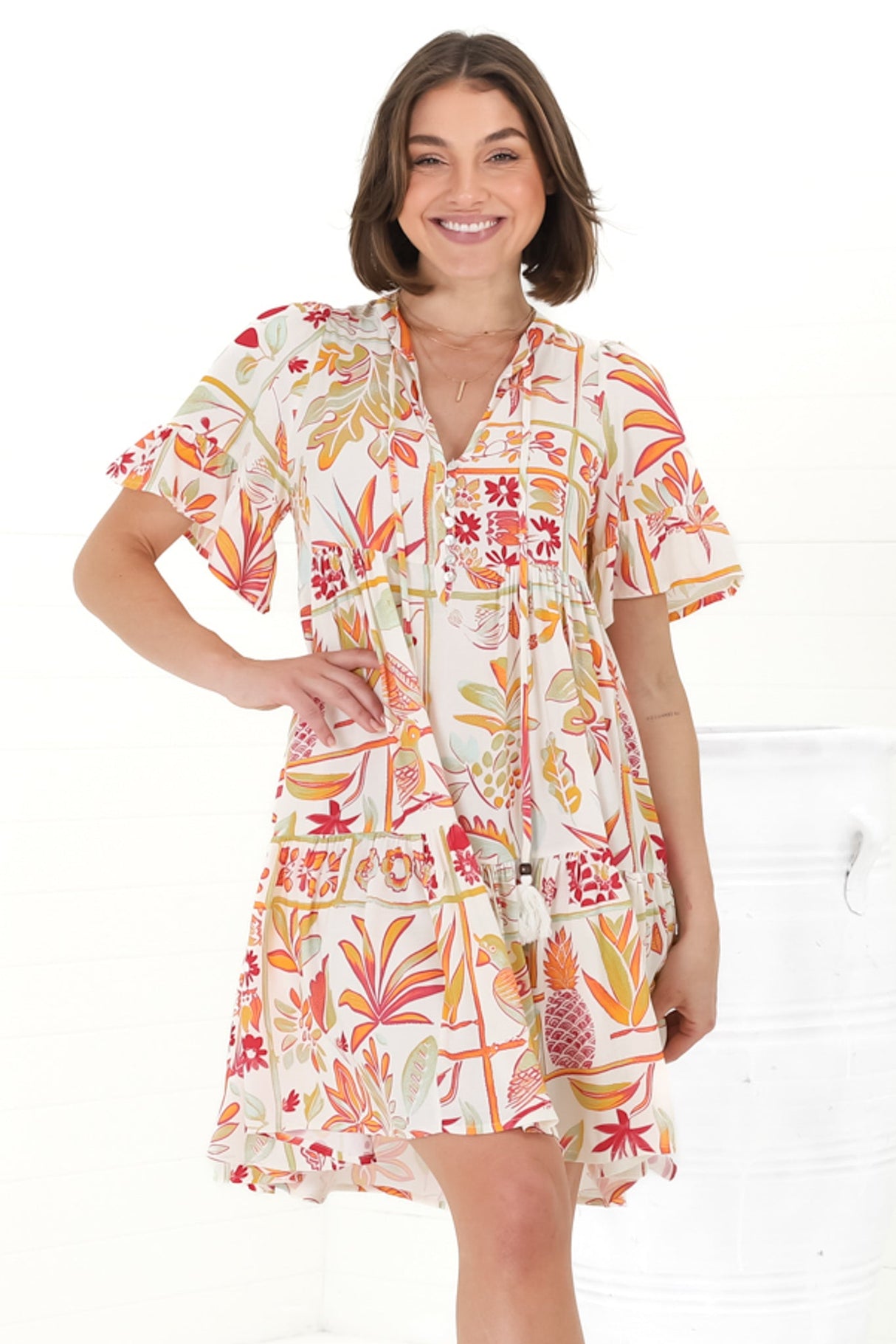 Abilia Mini Dress - Mandarin Collar Smock Dress in Sonni Print Melon