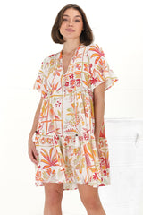 Abilia Mini Dress - Mandarin Collar Smock Dress in Sonni Print Melon