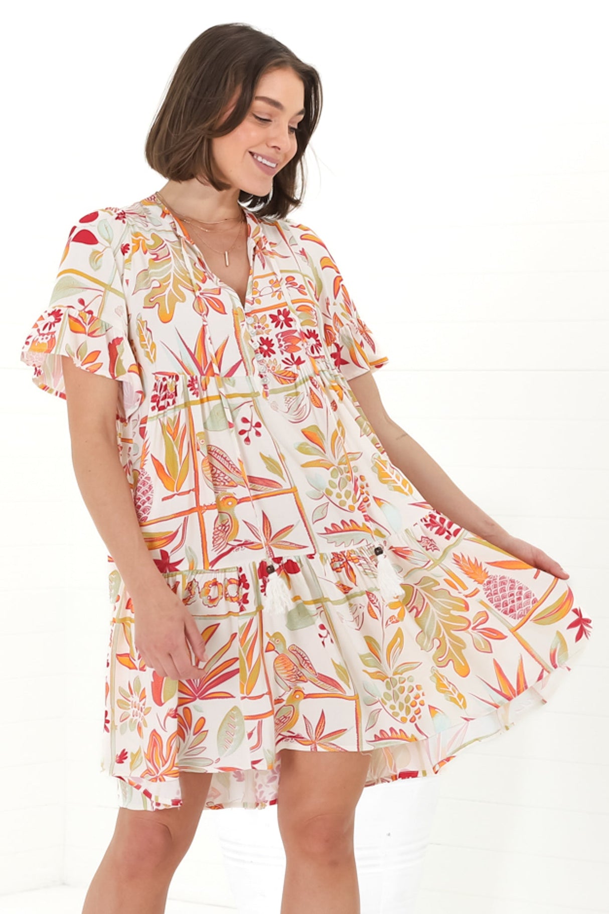 Abilia Mini Dress - Mandarin Collar Smock Dress in Sonni Print Melon