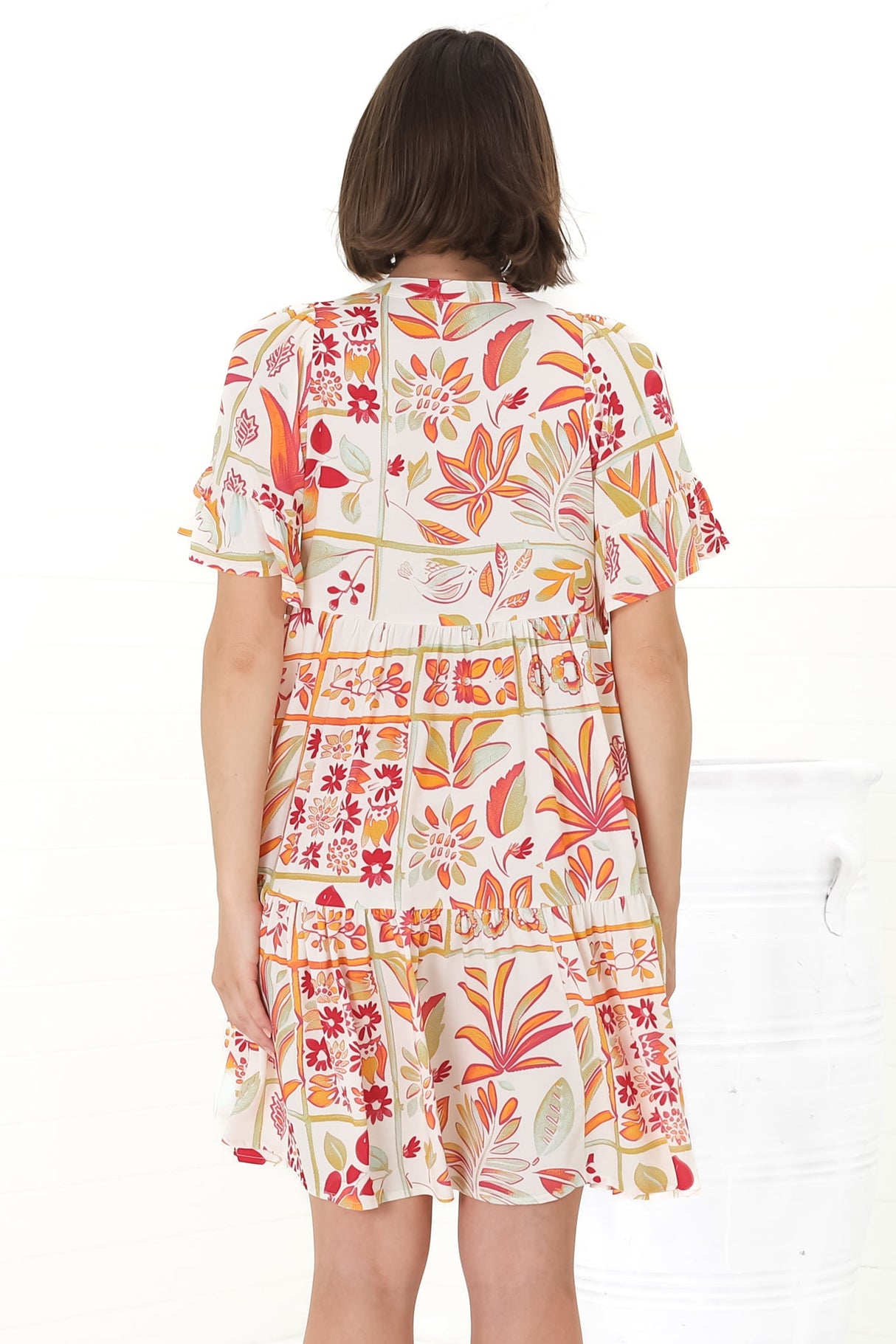 Abilia Mini Dress - Mandarin Collar Smock Dress in Sonni Print Melon