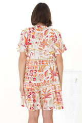 Abilia Mini Dress - Mandarin Collar Smock Dress in Sonni Print Melon