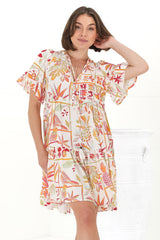 Abilia Mini Dress - Mandarin Collar Smock Dress in Sonni Print Melon