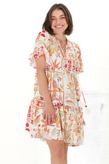 Abilia Mini Dress - Mandarin Collar Smock Dress in Sonni Print Melon