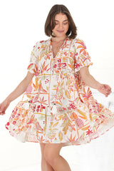 Abilia Mini Dress - Mandarin Collar Smock Dress in Sonni Print Melon