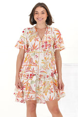 Abilia Mini Dress - Mandarin Collar Smock Dress in Sonni Print Melon