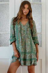 JAASE - Abio Mini Dress: V-Neck Lace Detailed Button Down with Long Sleeves in Sagewood Print