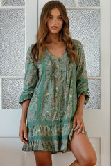 JAASE - Abio Mini Dress: V-Neck Lace Detailed Button Down with Long Sleeves in Sagewood Print