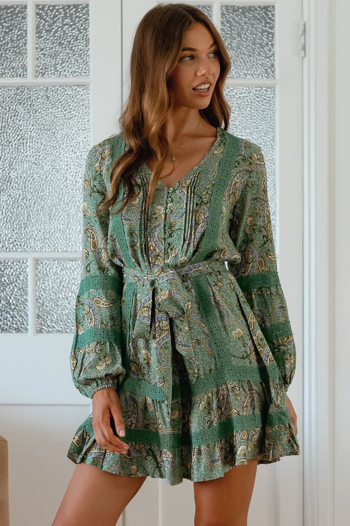 JAASE - Abio Mini Dress: V-Neck Lace Detailed Button Down with Long Sleeves in Sagewood Print