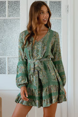 JAASE - Abio Mini Dress: V-Neck Lace Detailed Button Down with Long Sleeves in Sagewood Print