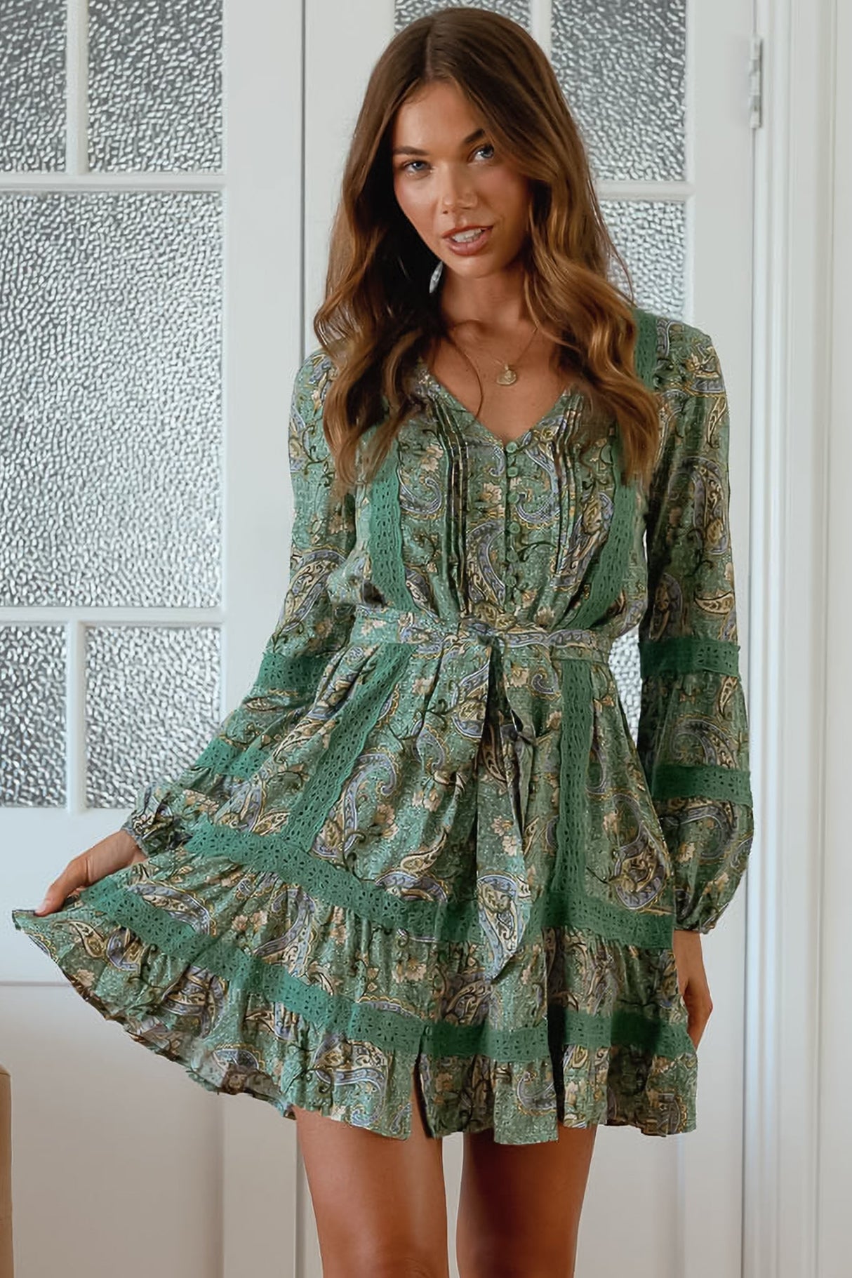 JAASE - Abio Mini Dress: V-Neck Lace Detailed Button Down with Long Sleeves in Sagewood Print