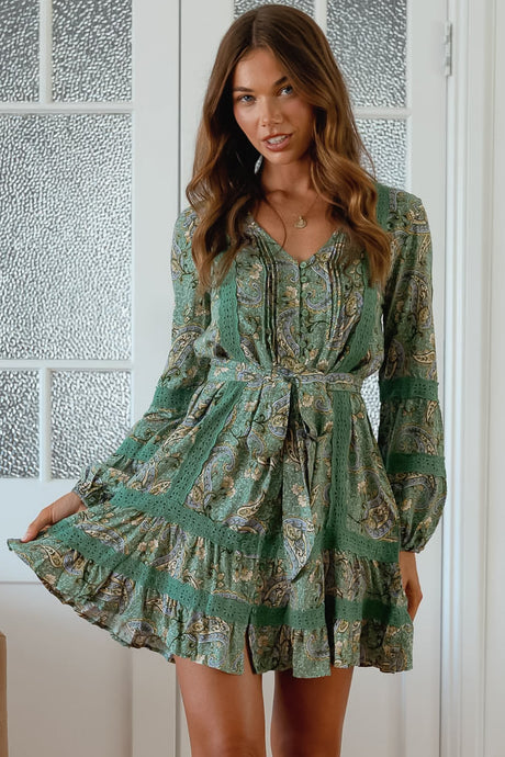 JAASE - Abio Mini Dress: V-Neck Lace Detailed Button Down with Long Sleeves in Sagewood Print