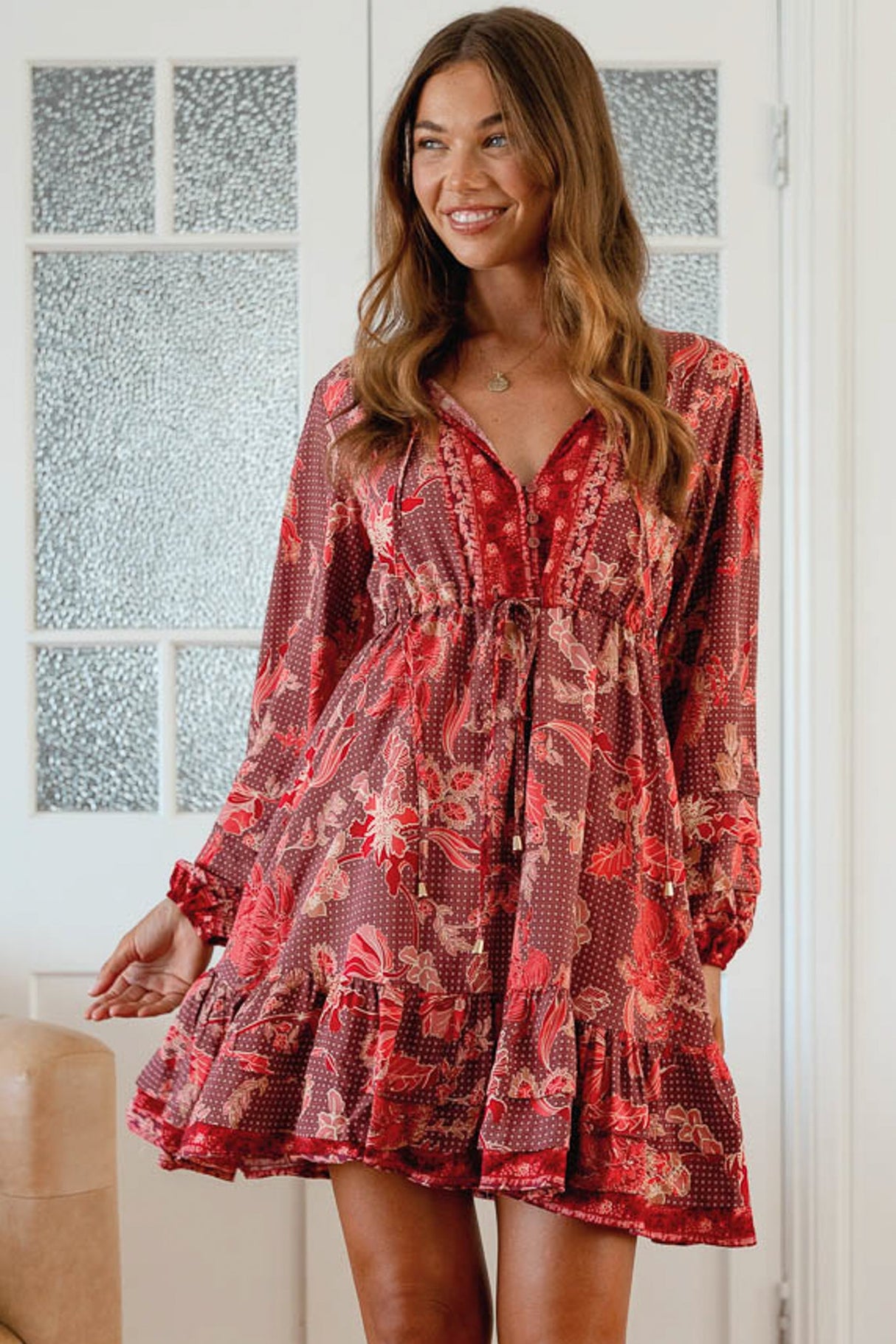 JAASE - Abito Mini Dress: Pull Tie Waist A Line Dress with Long Sleeves in Ziggy Print