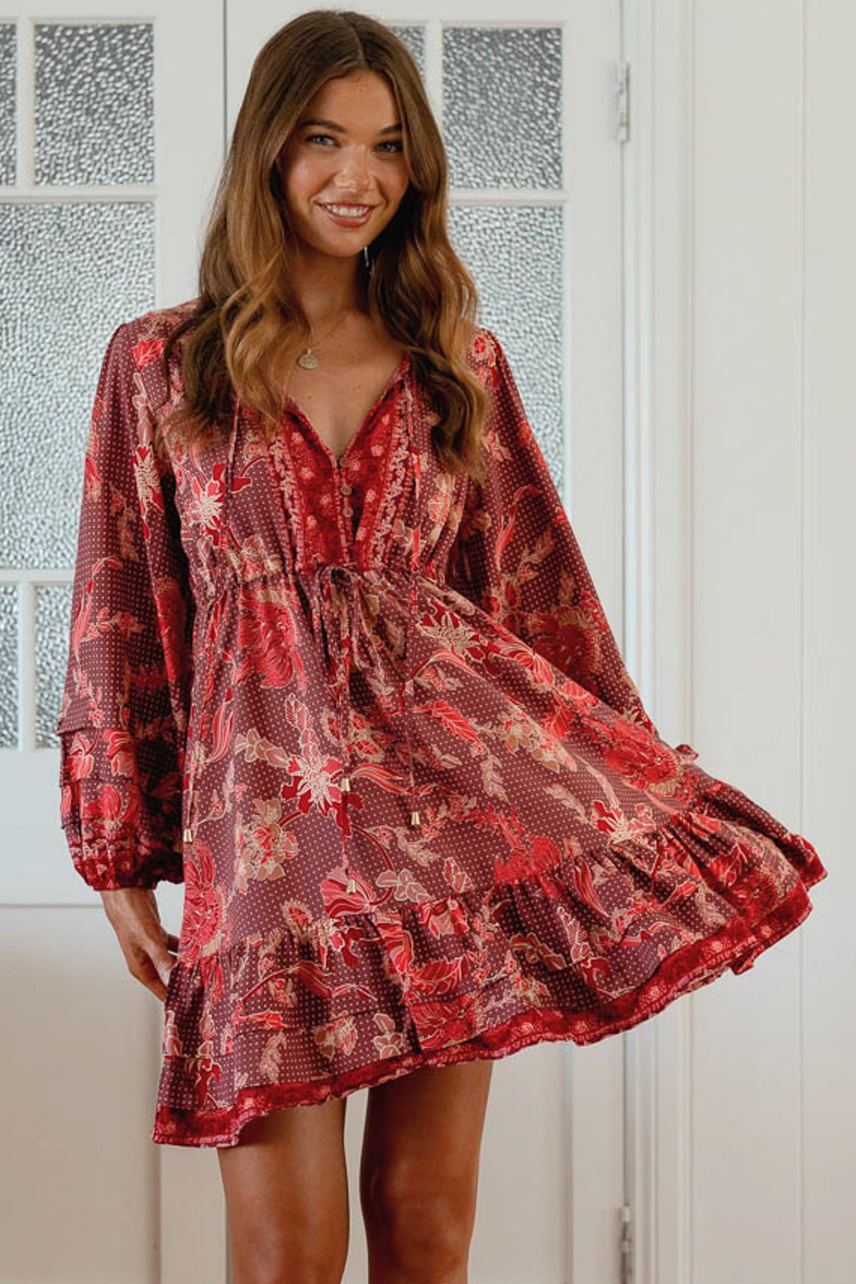 JAASE - Abito Mini Dress: Pull Tie Waist A Line Dress with Long Sleeves in Ziggy Print