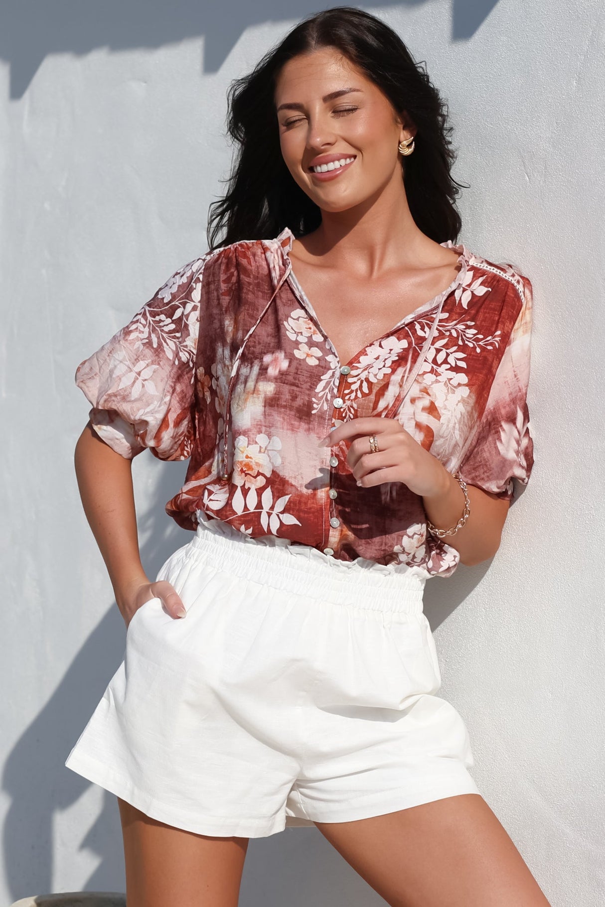 Acacia Blouse - Button Down Short Balloon Sleeve Shirt with Buttoned Cuffs in Ashara Print