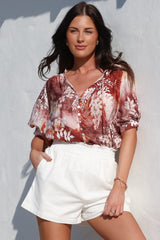 Acacia Blouse - Button Down Short Balloon Sleeve Shirt with Buttoned Cuffs in Ashara Print