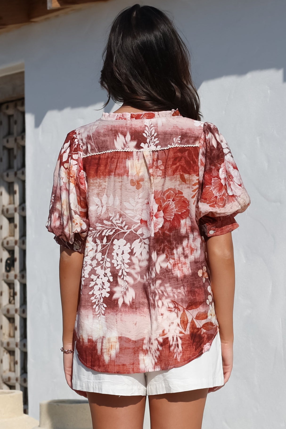 Acacia Blouse - Button Down Short Balloon Sleeve Shirt with Buttoned Cuffs in Ashara Print