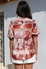Acacia Blouse - Button Down Short Balloon Sleeve Shirt with Buttoned Cuffs in Ashara Print