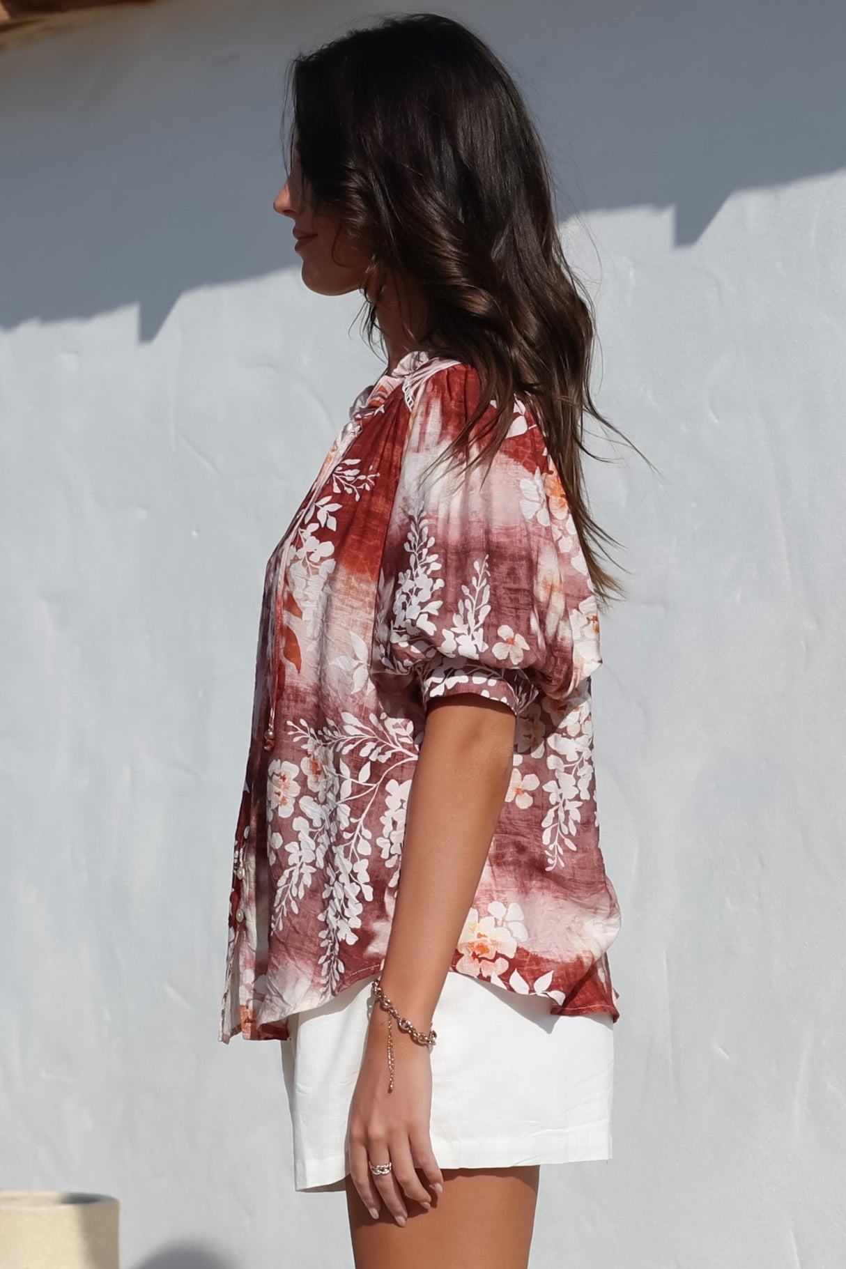 Acacia Blouse - Button Down Short Balloon Sleeve Shirt with Buttoned Cuffs in Ashara Print