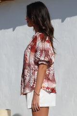 Acacia Blouse - Button Down Short Balloon Sleeve Shirt with Buttoned Cuffs in Ashara Print