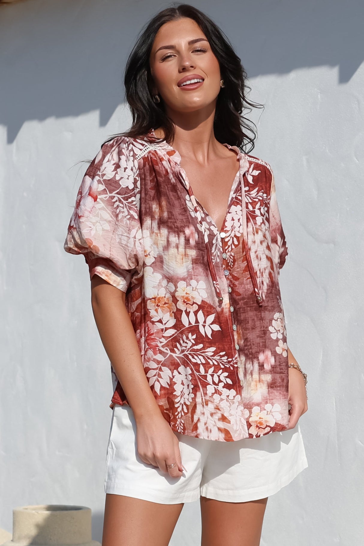 Acacia Blouse - Button Down Short Balloon Sleeve Shirt with Buttoned Cuffs in Ashara Print