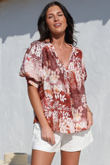 Acacia Blouse - Button Down Short Balloon Sleeve Shirt with Buttoned Cuffs in Ashara Print