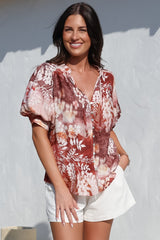 Acacia Blouse - Button Down Short Balloon Sleeve Shirt with Buttoned Cuffs in Ashara Print