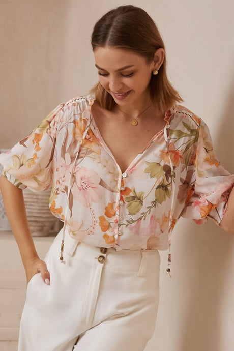 Acacia Blouse - Button Down Short Balloon Sleeve Blouse with Buttoned Cuffs in Christel Print