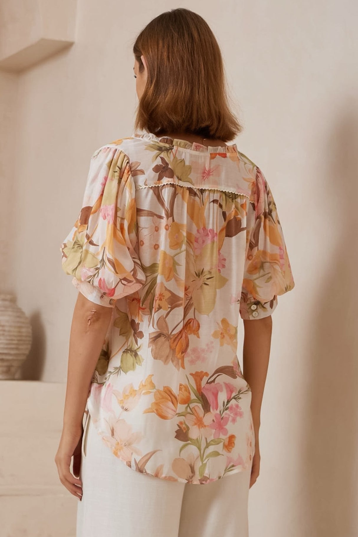 Acacia Blouse - Button Down Short Balloon Sleeve Blouse with Buttoned Cuffs in Christel Print