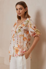 Acacia Blouse - Button Down Short Balloon Sleeve Blouse with Buttoned Cuffs in Christel Print