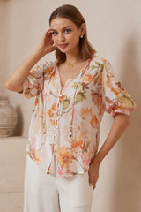 Acacia Blouse - Button Down Short Balloon Sleeve Blouse with Buttoned Cuffs in Christel Print