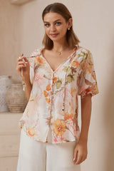 Acacia Blouse - Button Down Short Balloon Sleeve Blouse with Buttoned Cuffs in Christel Print