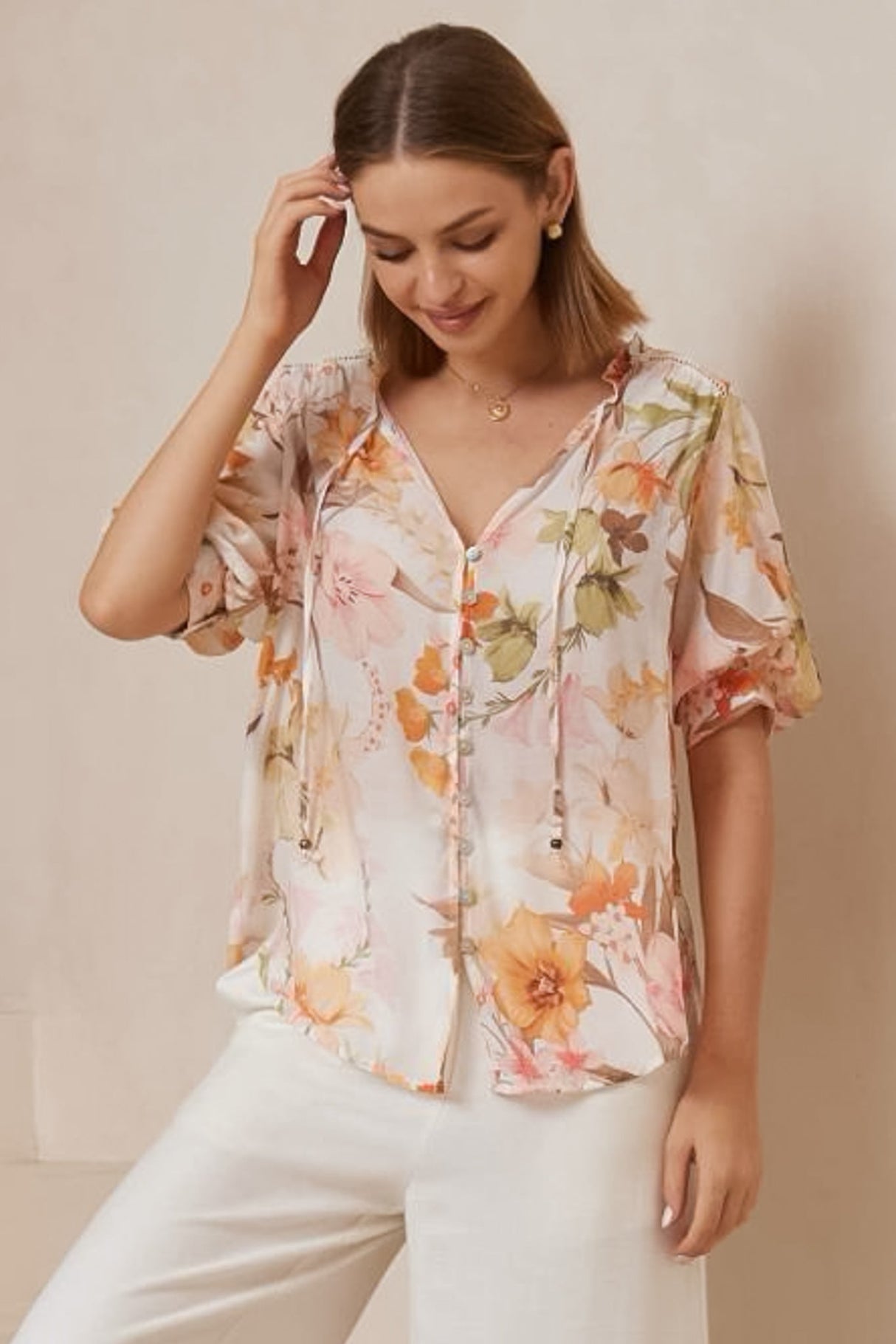 Acacia Blouse - Button Down Short Balloon Sleeve Blouse with Buttoned Cuffs in Christel Print