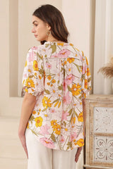 Acacia Blouse - Button Down Short Balloon Sleeve Blouse with Buttoned Cuffs in Cyrena Print