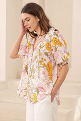 Acacia Blouse - Button Down Short Balloon Sleeve Blouse with Buttoned Cuffs in Cyrena Print