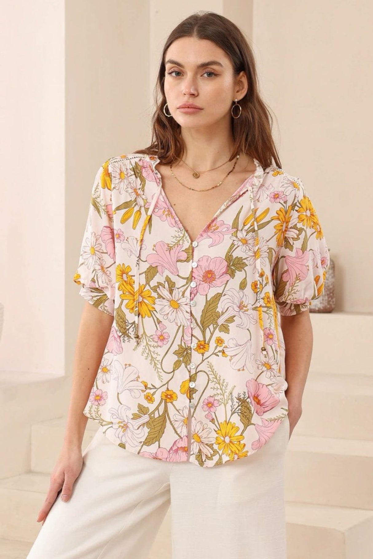 Acacia Blouse - Button Down Short Balloon Sleeve Blouse with Buttoned Cuffs in Cyrena Print