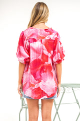 Acacia Blouse - Button Down Short Balloon Sleeve Shirt with Buttoned Cuffs in Greta Print