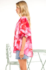 Acacia Blouse - Button Down Short Balloon Sleeve Shirt with Buttoned Cuffs in Greta Print